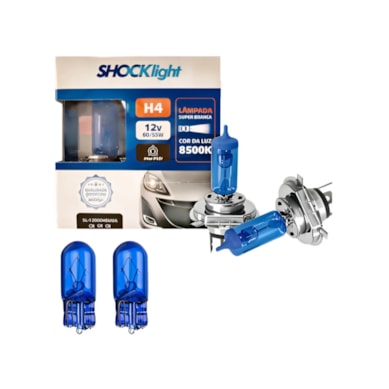 PAR LÂMPADAS SUPER BRANCA H4 8500K + PAR LÂMPADA PINGO T10