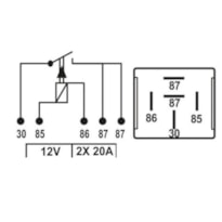 RELÉ AUXILIAR 5 TERMINAIS C/ SUPORTE 12V 2X20A TRA125205